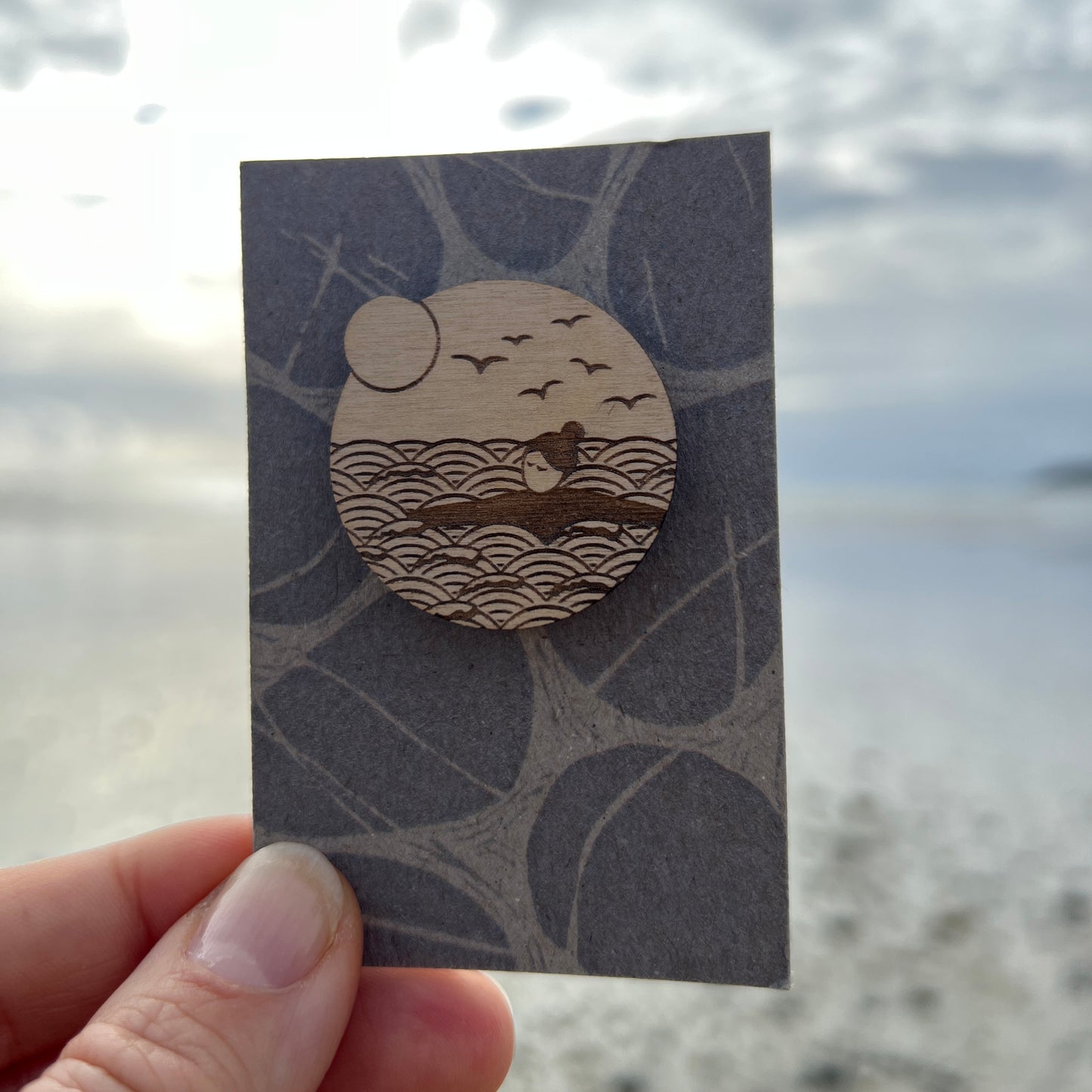 Wild swimmer etched wooden brooch