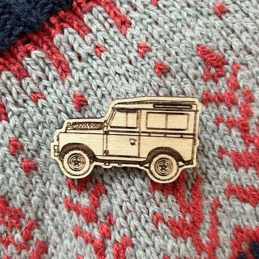Land Rover etched wooden brooch