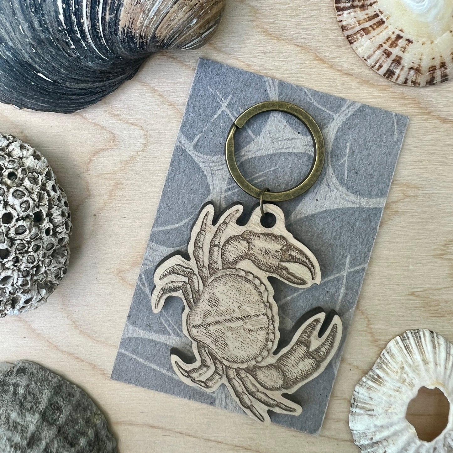 Crab etched wooden keyring