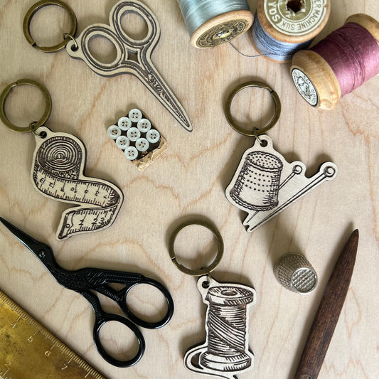 Cotton reel laser etched wooden keyring