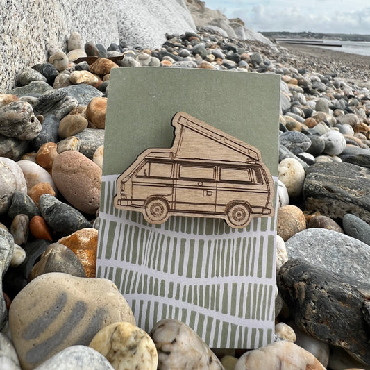 Camper van etched wooden brooch