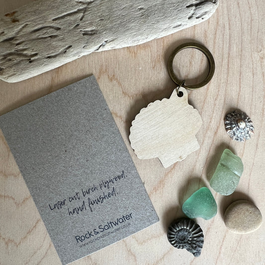 Shell laser etched wooden keyring