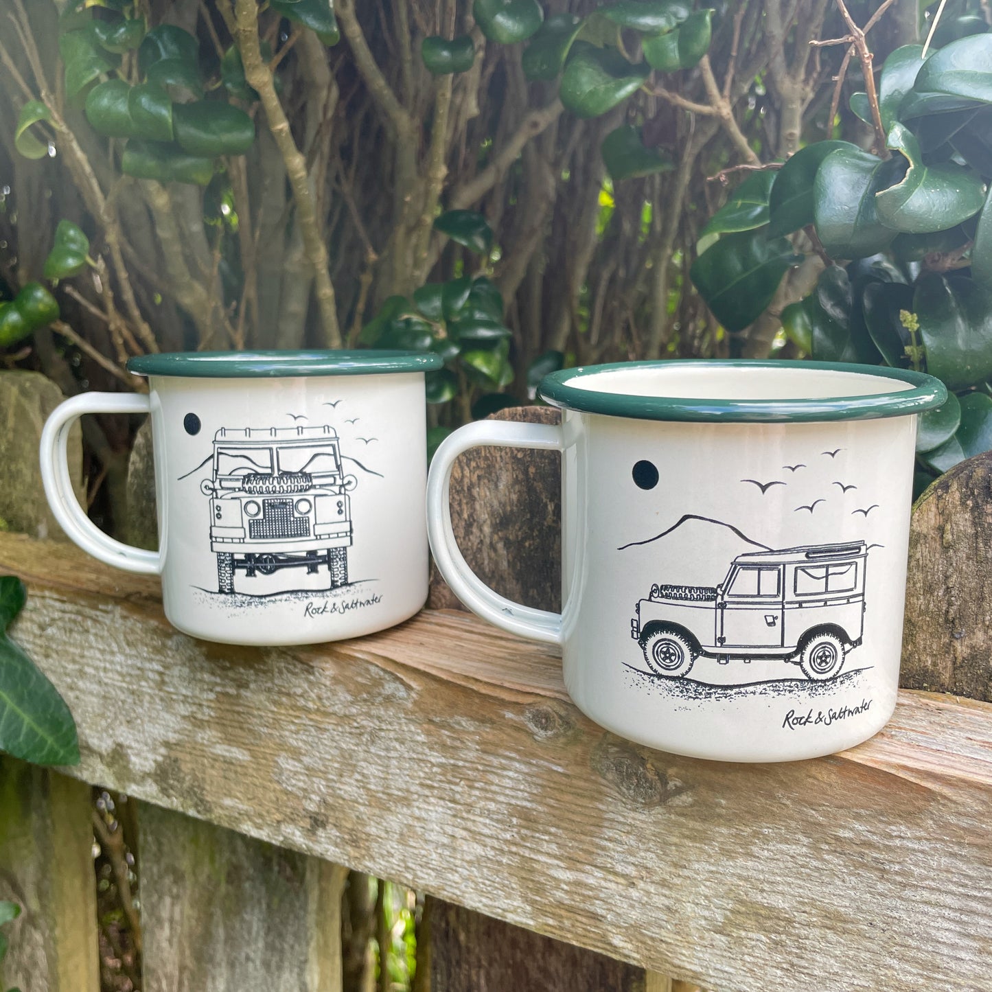 Land Rover side view with mountain enamel mug