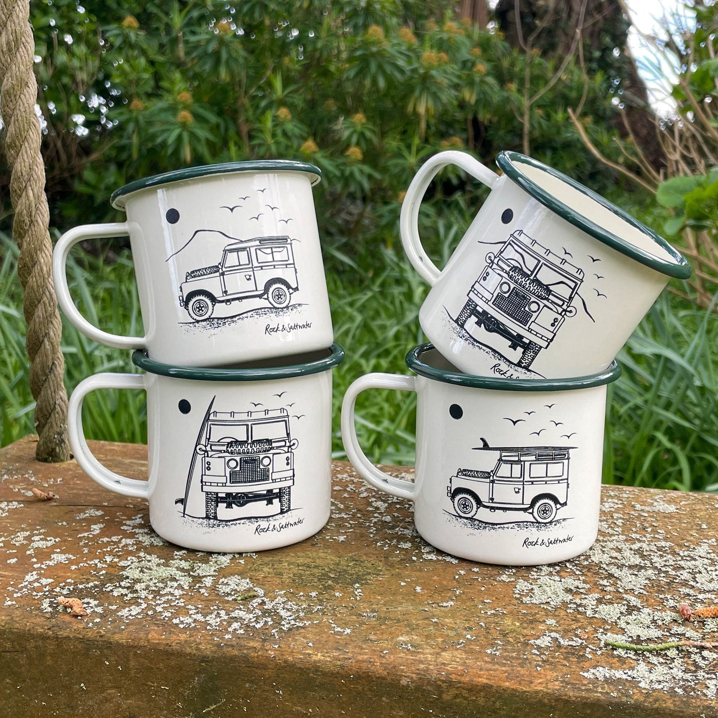 Slight seconds Land Rover enamel mugs