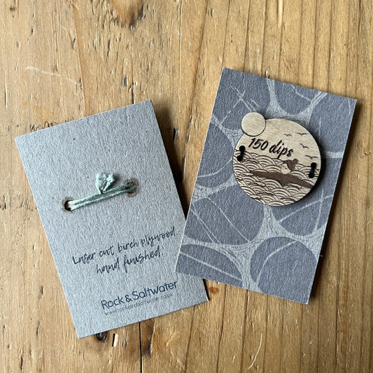 Wild swimming milestone sew-on wooden badges