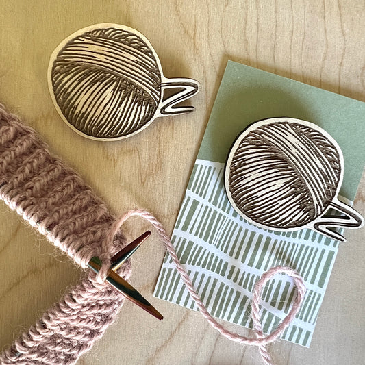Knitters etched wooden brooch