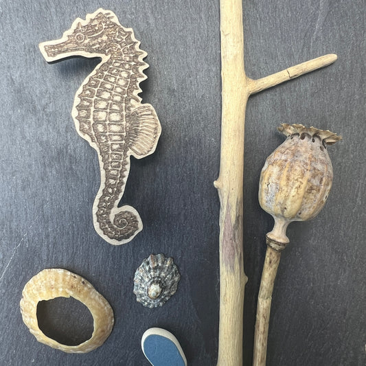Seahorse etched wooden badge