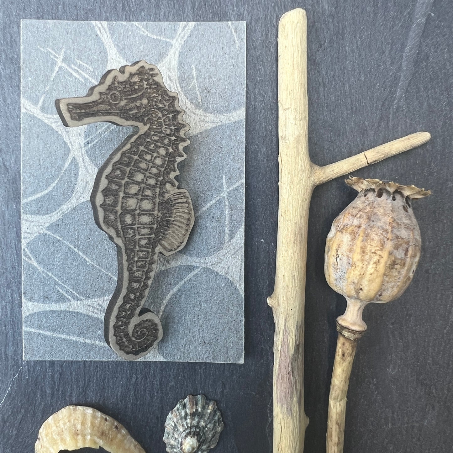 Seahorse etched wooden badge