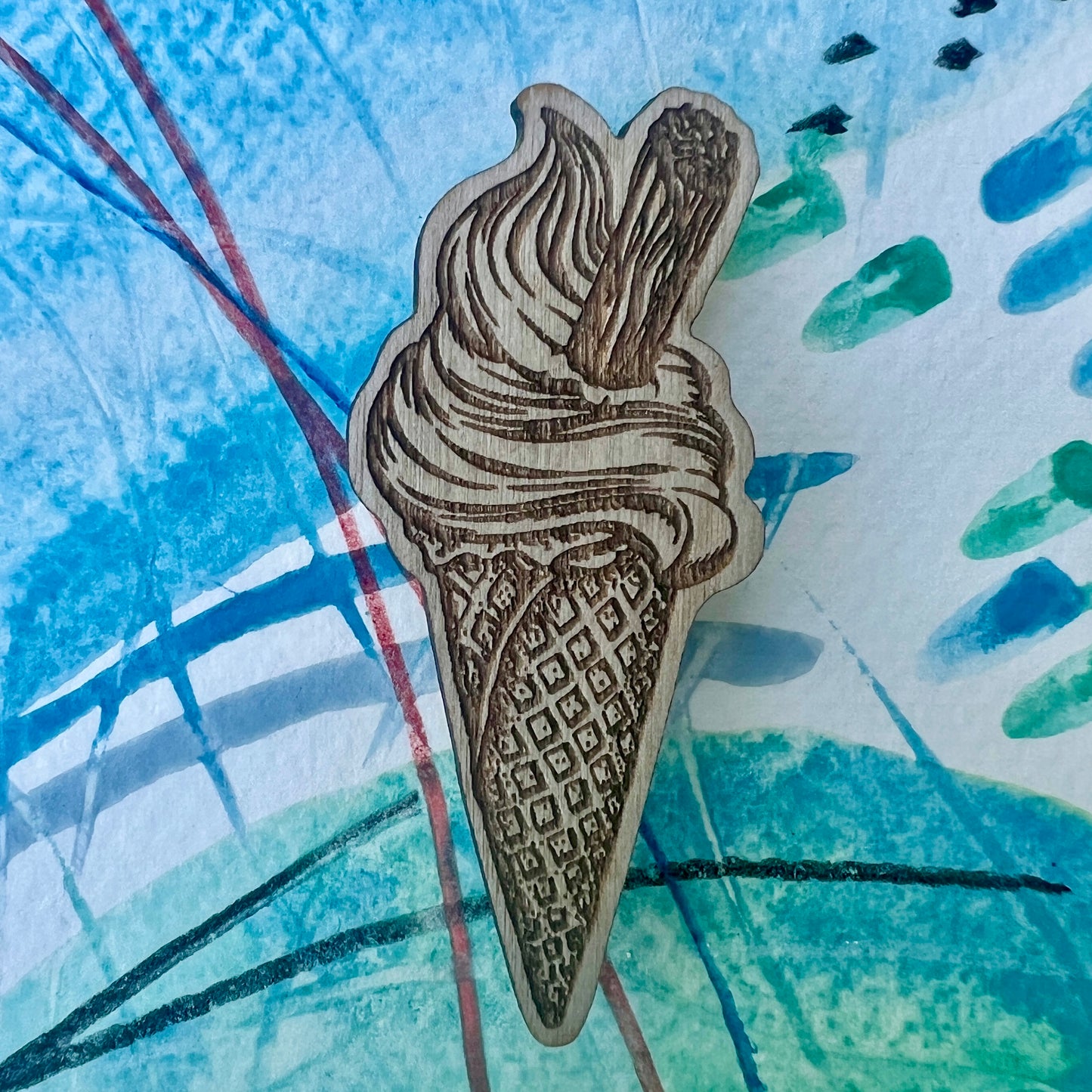 ‘99’ ice cream etched wooden badge