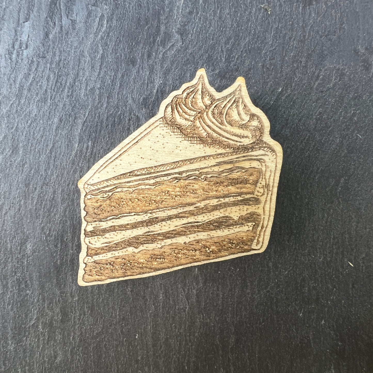 Cake slice etched wooden badge