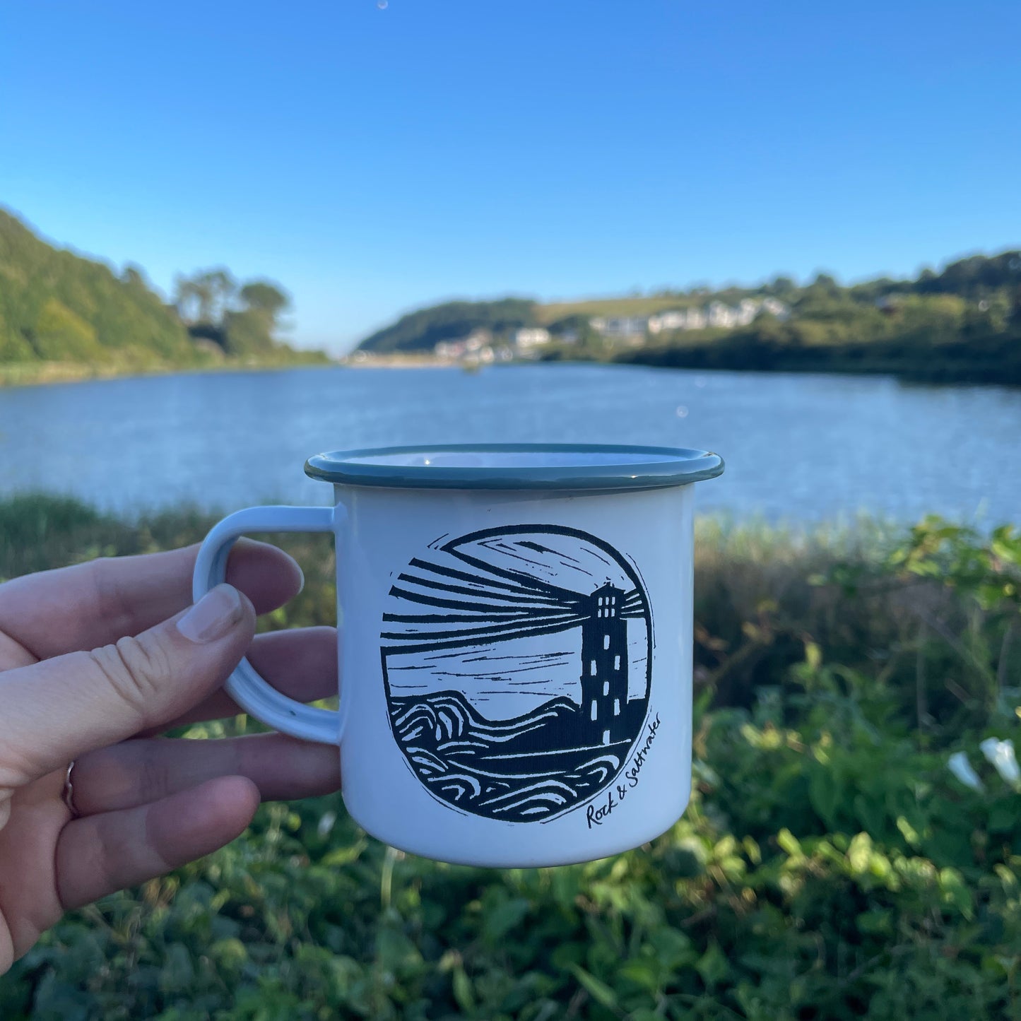 Lighthouse etched enamel mug