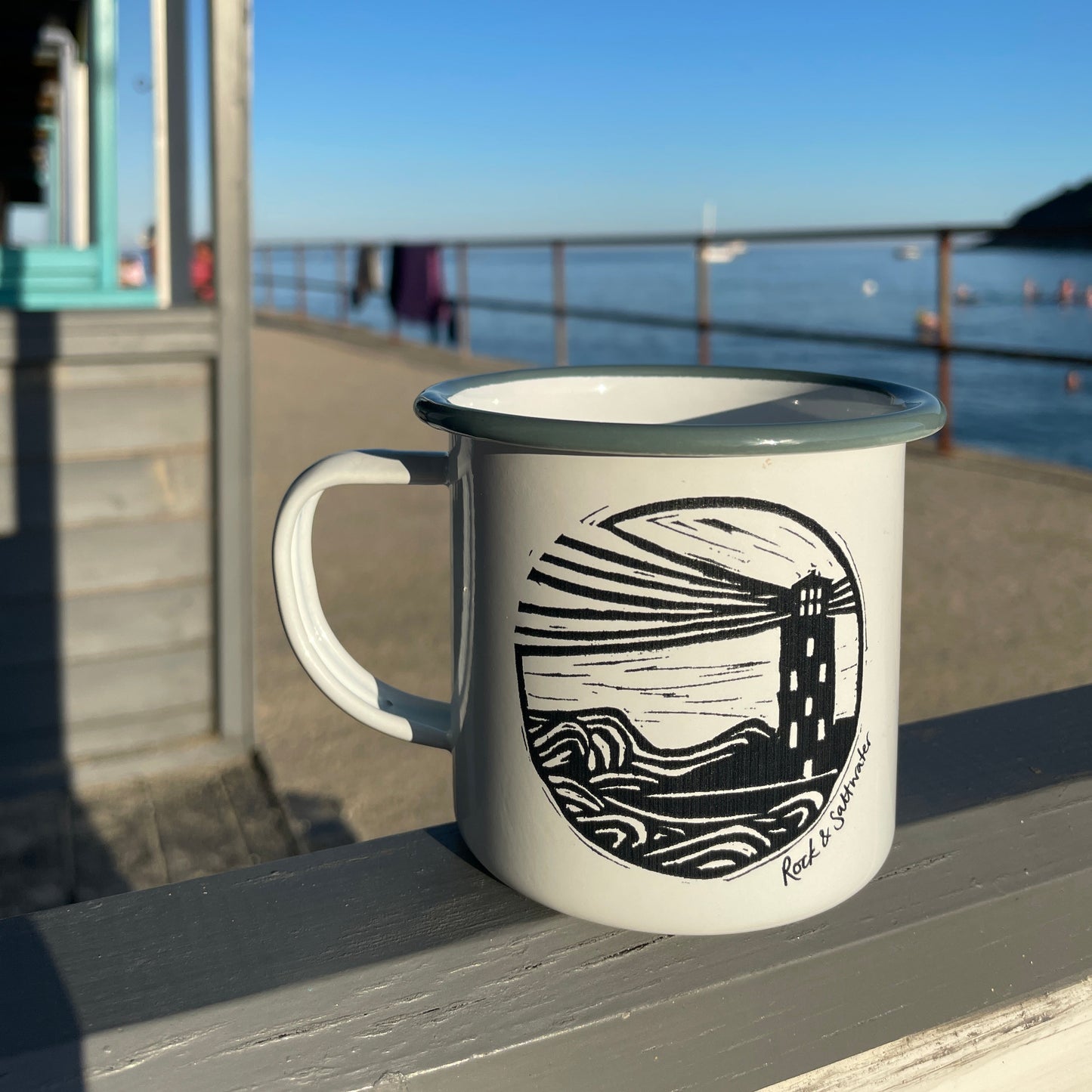 Lighthouse etched enamel mug