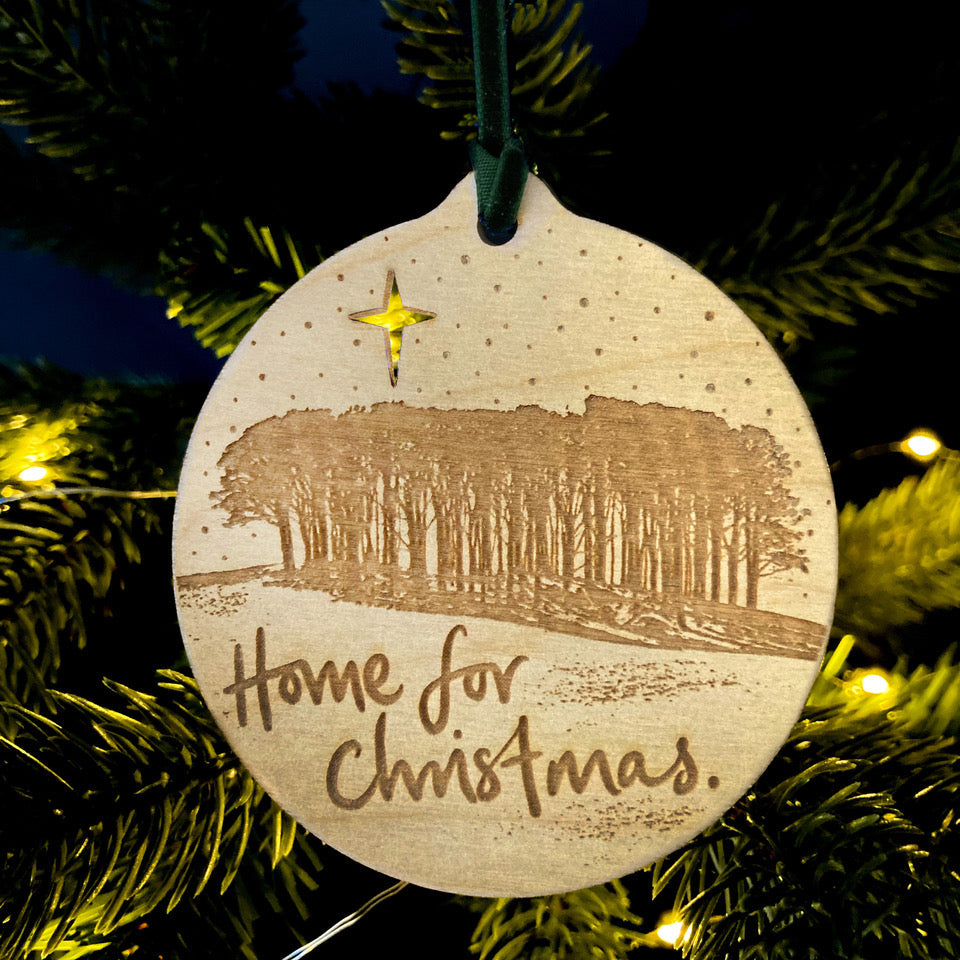 Home for Christmas 'nearly home trees' bauble and Christmas card set