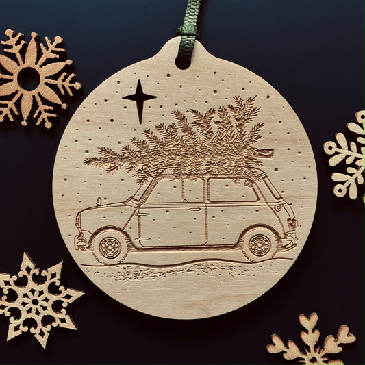 Classic Mini laser etched Christmas bauble