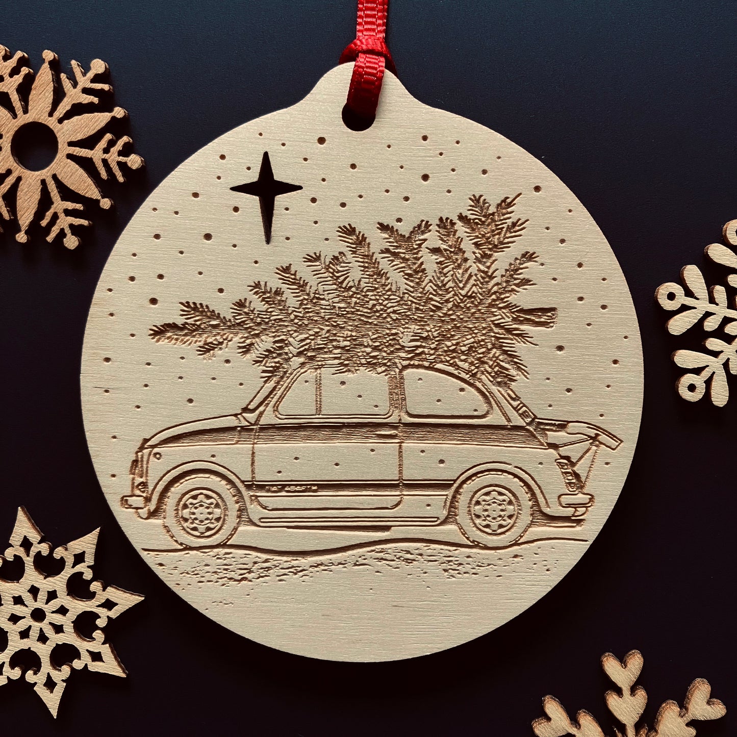 Classic Fiat 500 Abarth laser etched Christmas bauble