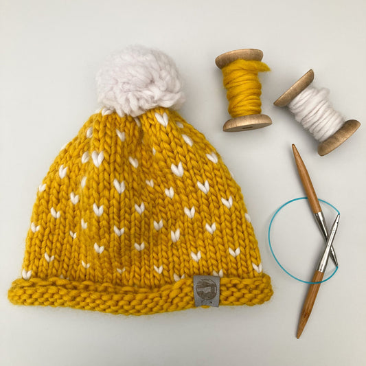 Bobble Hat | adult size | mustard yellow heart spot | merino wool handknit hat