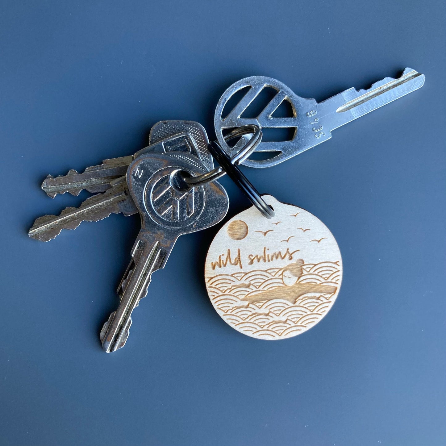 Wild swims key fob with ring | laser cut and etched birch plywood