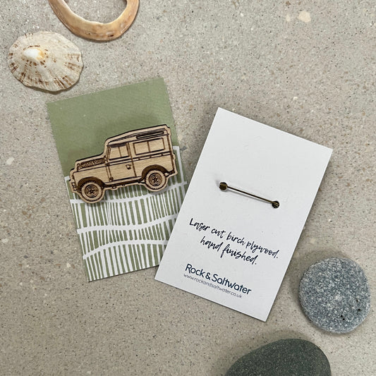 Land Rover etched wooden brooch