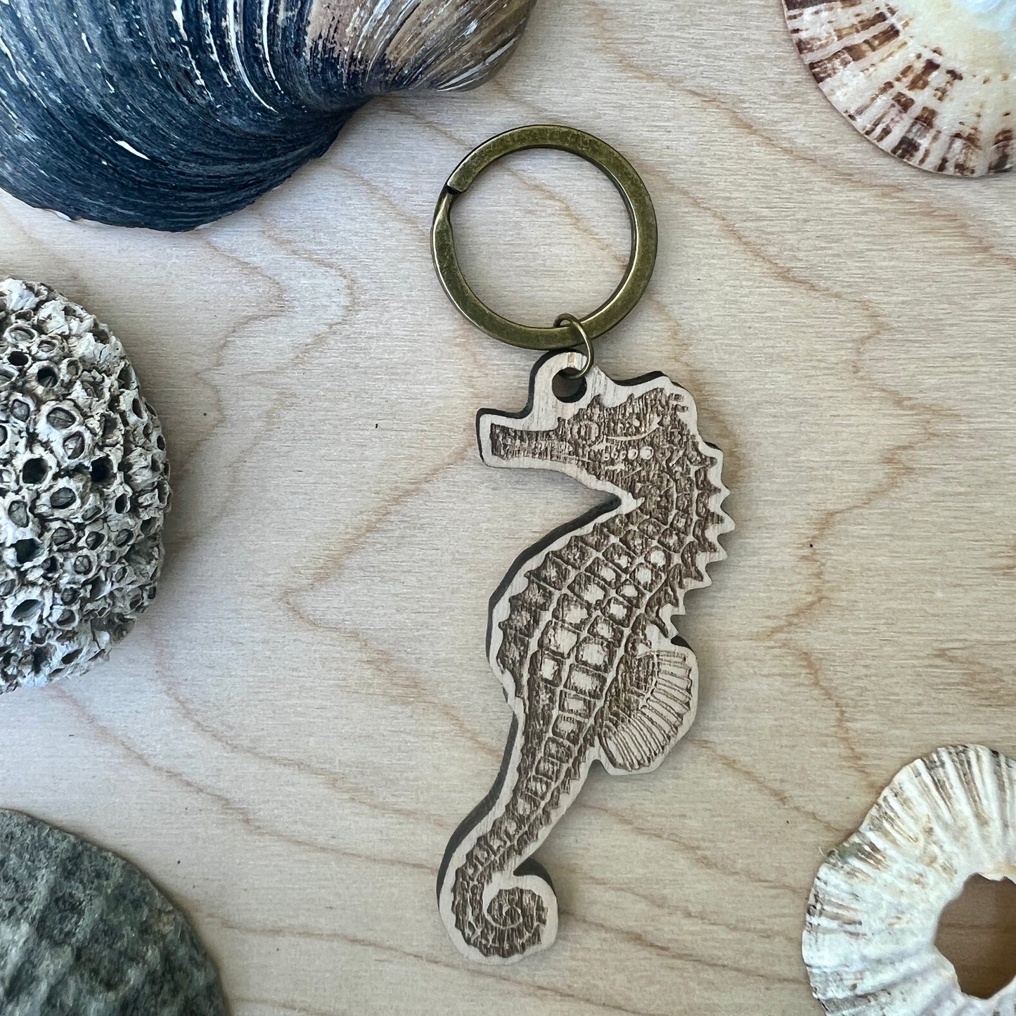 Seahorse etched wooden keyring