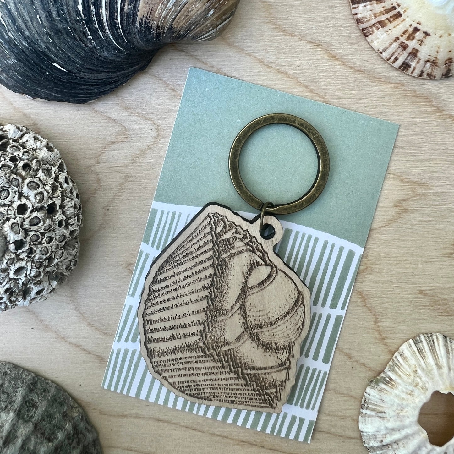 French fancy etched wooden keyring