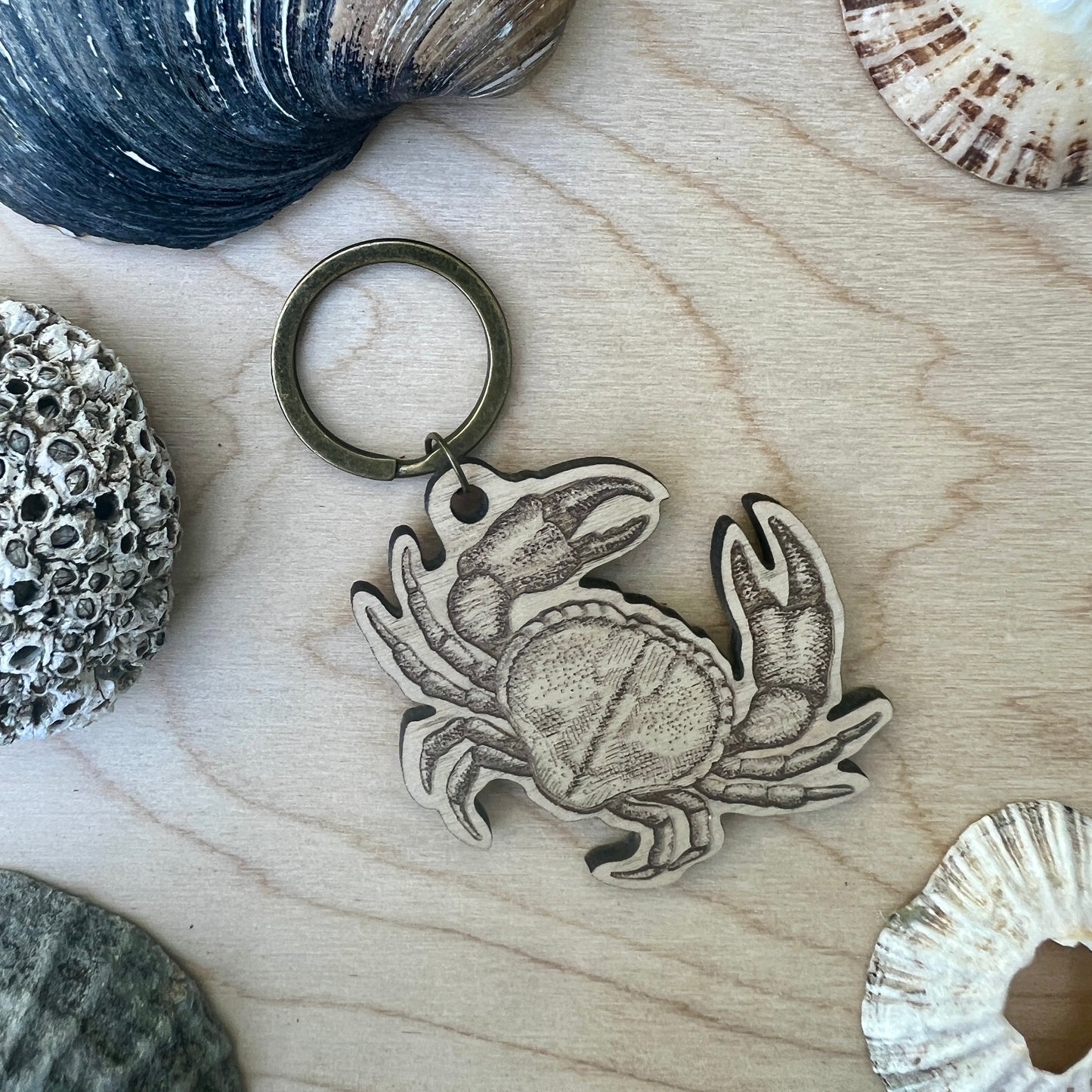 Crab etched wooden keyring