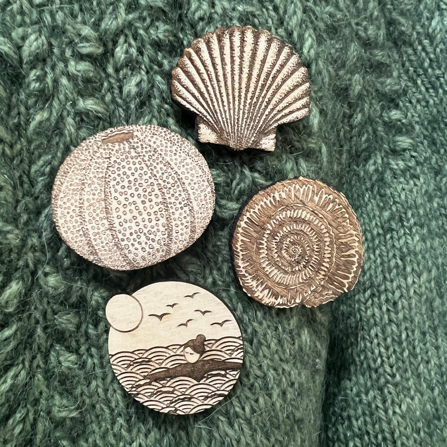 Ammonite etched wooden brooch