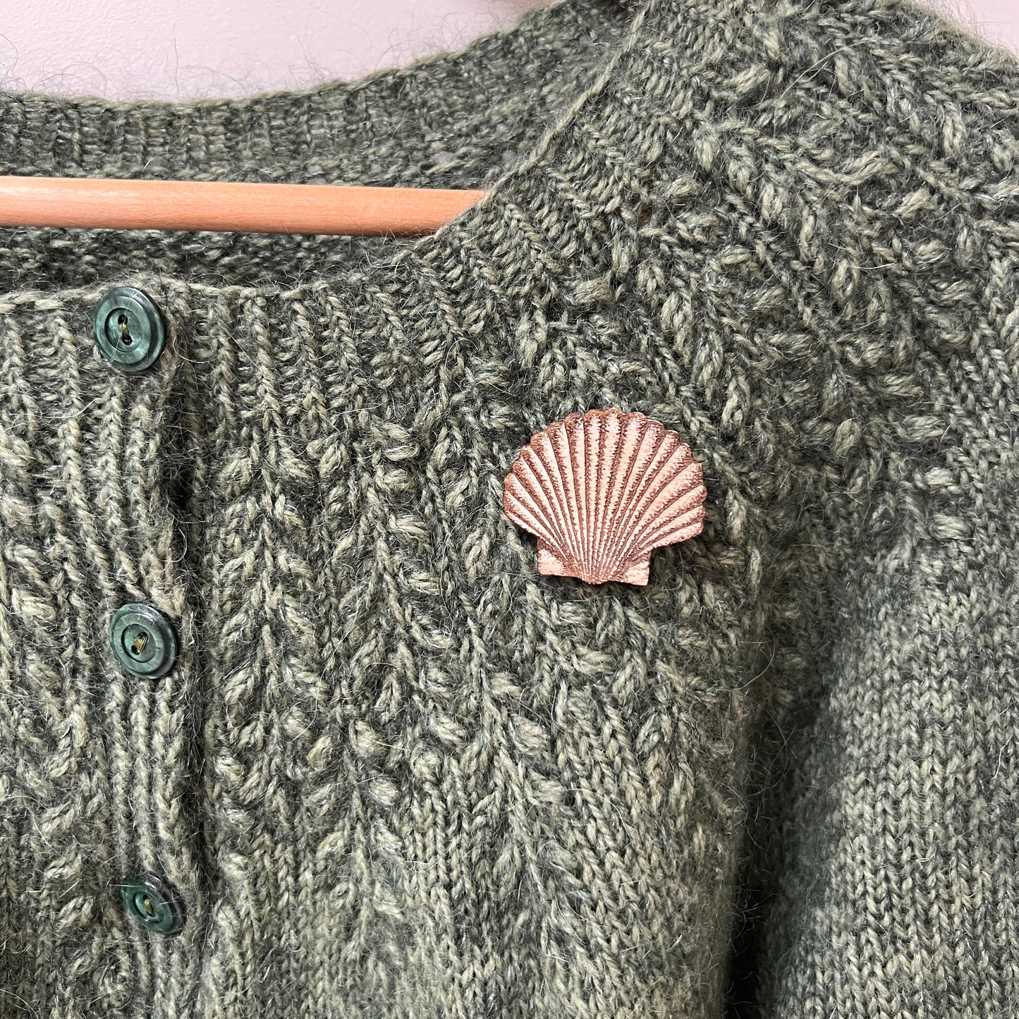 Shell etched wooden brooch