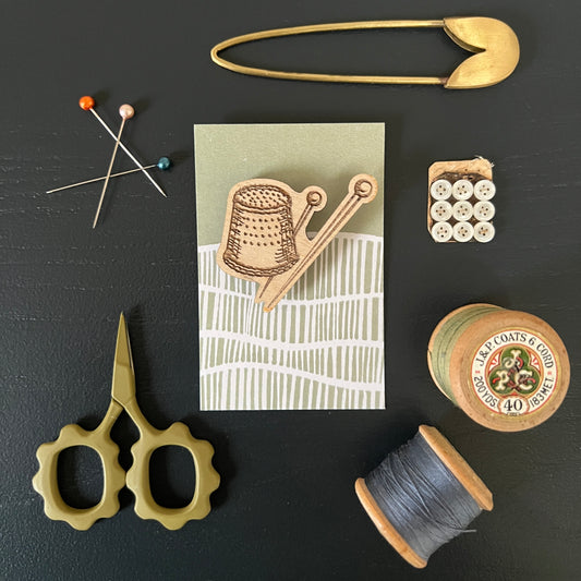 Thimble etched wooden brooch