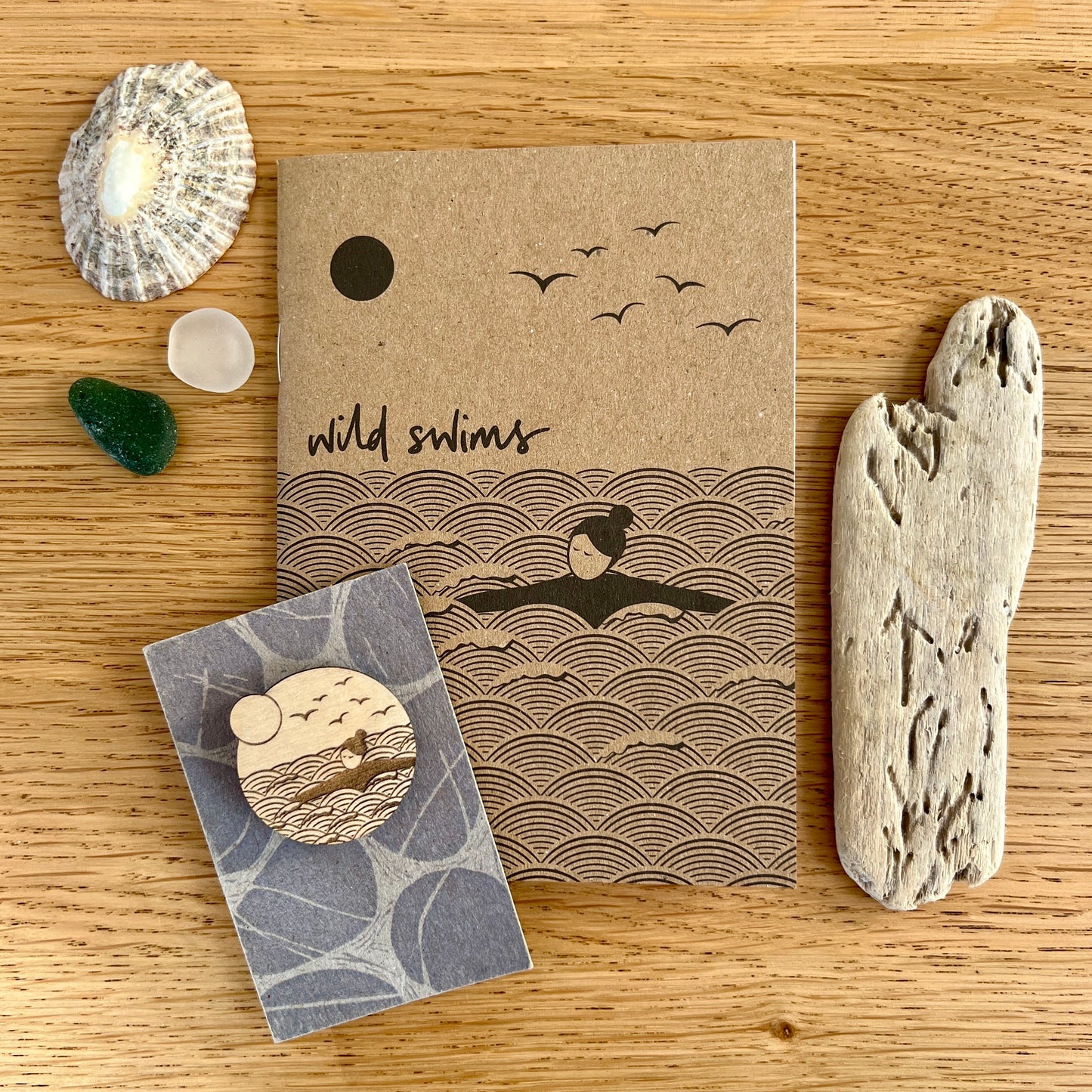 Gift bundle | wild swims A6 notebook and wooden brooch set