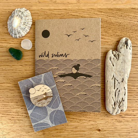 Gift bundle | wild swims A6 notebook and wooden brooch set