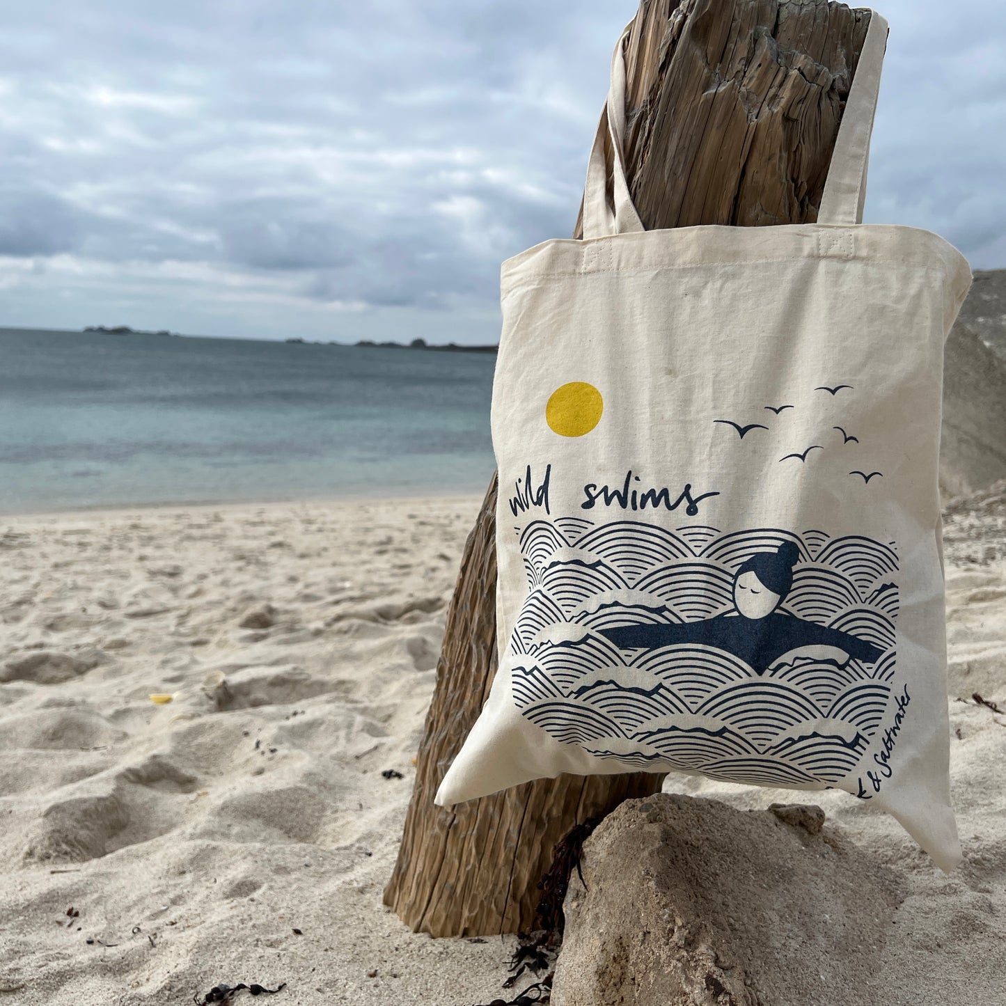 Wild swims screen printed cotton tote bag