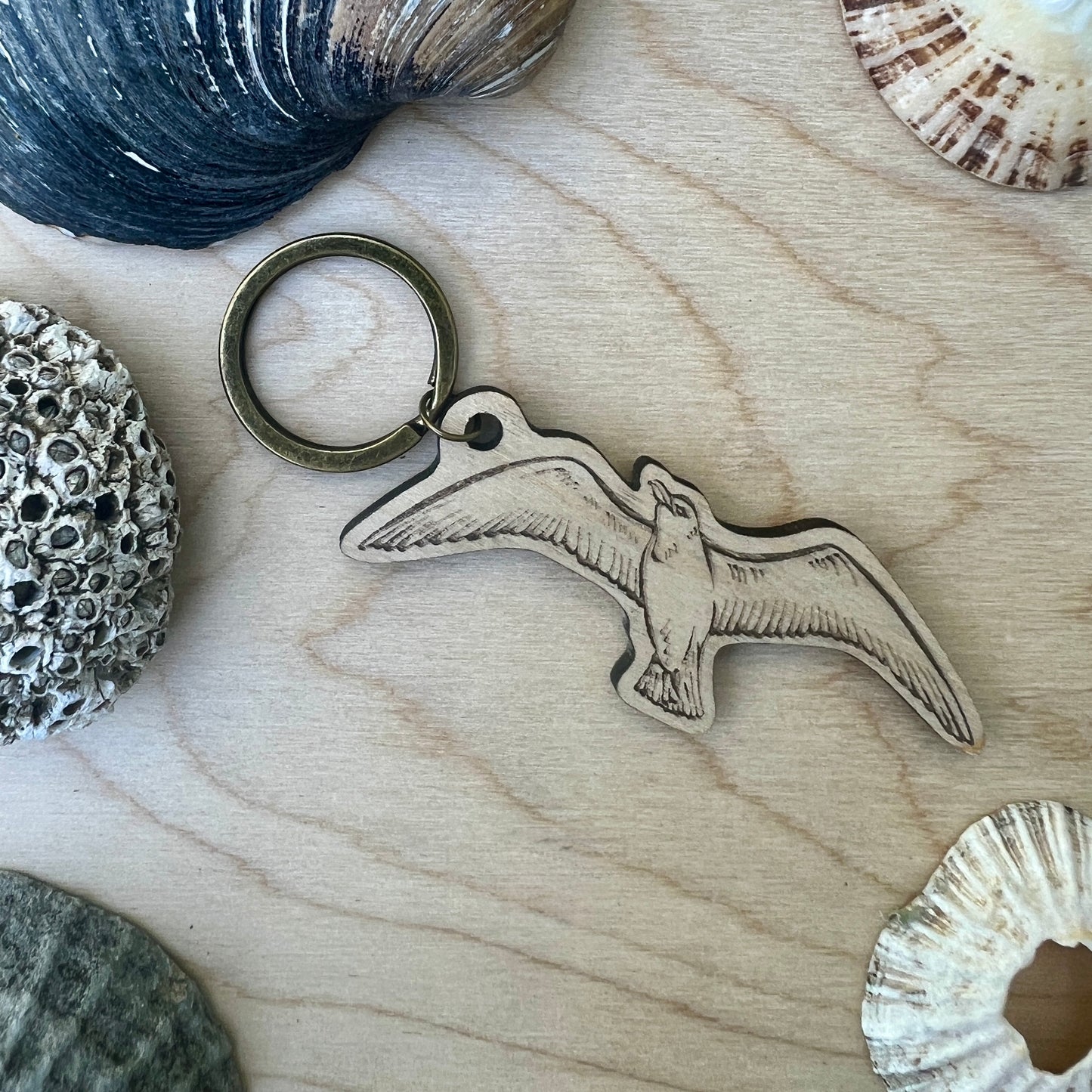Seagull etched wooden keyring