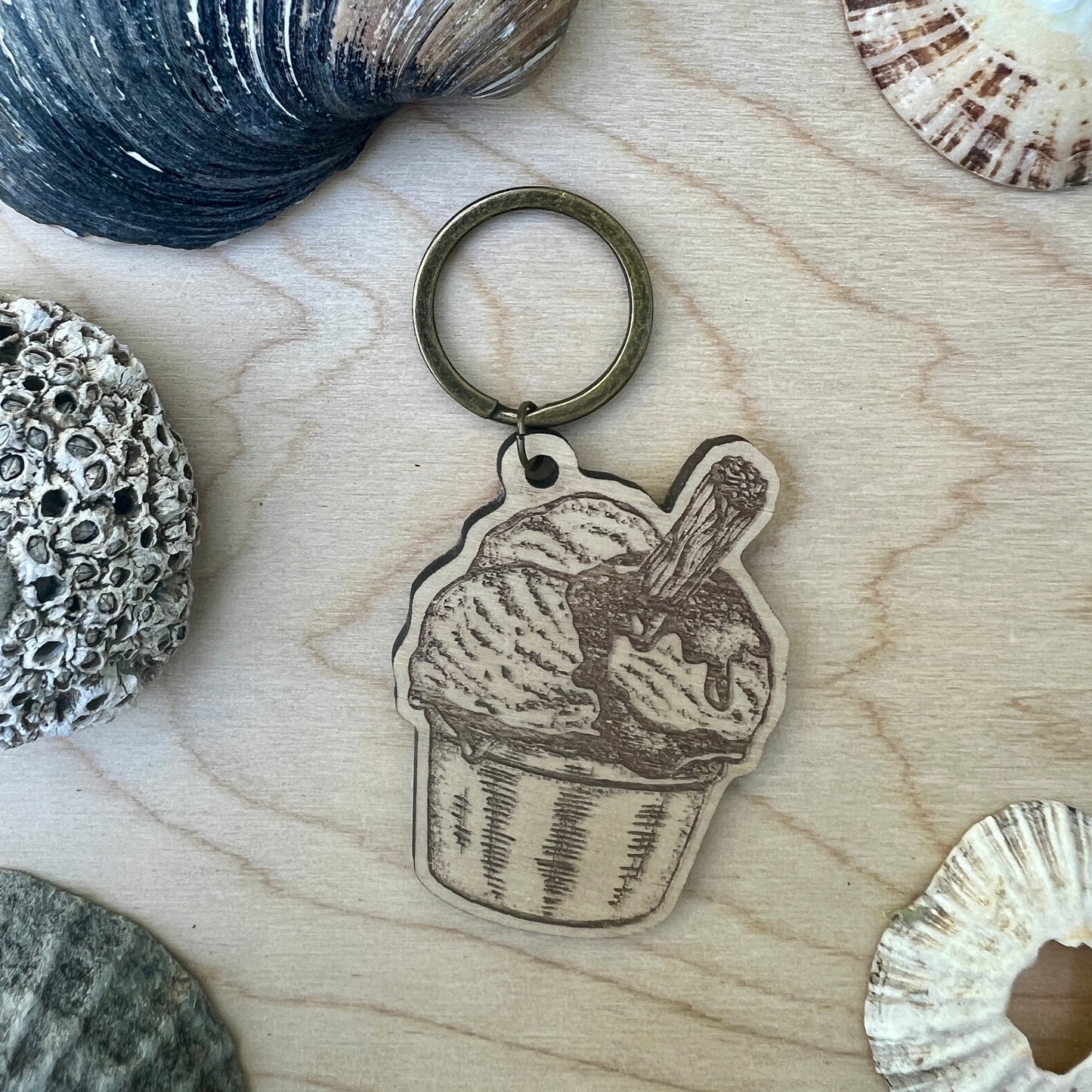 Ice cream tub etched wooden keyring
