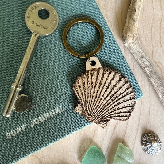Shell laser etched wooden keyring
