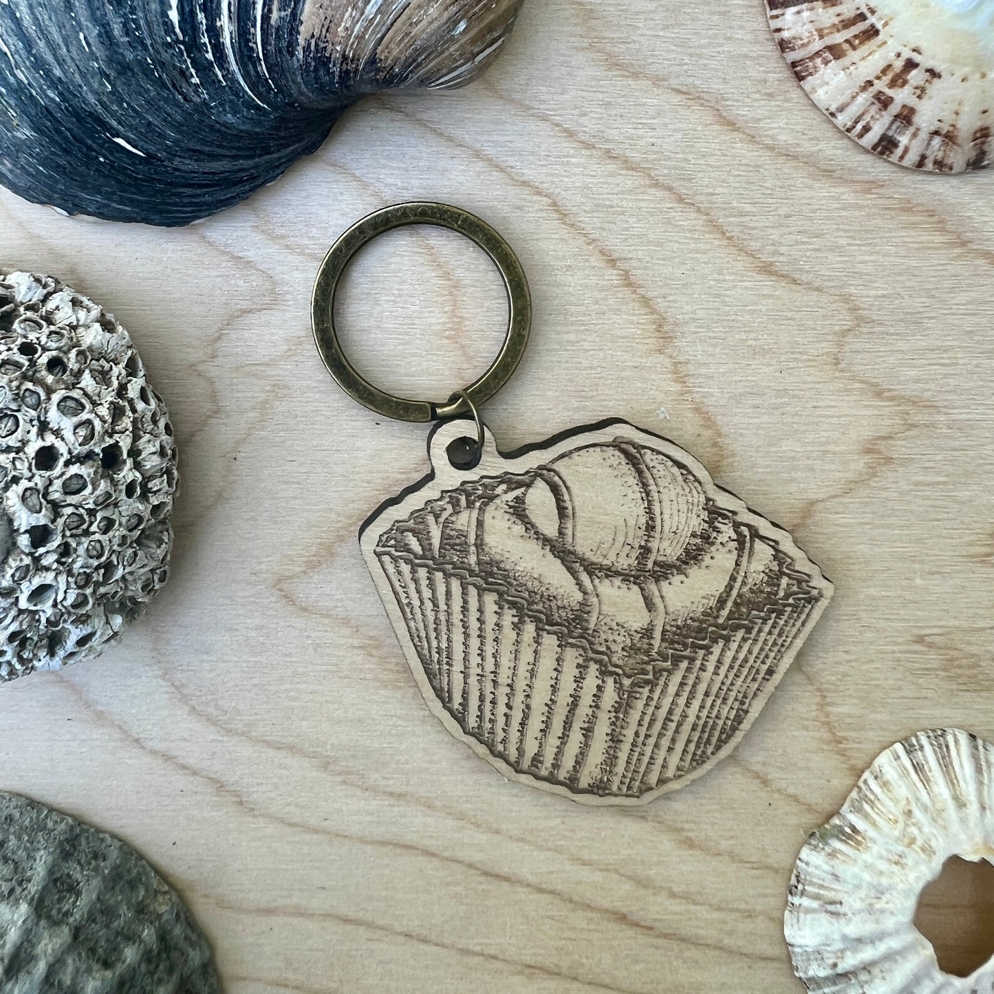French fancy etched wooden keyring