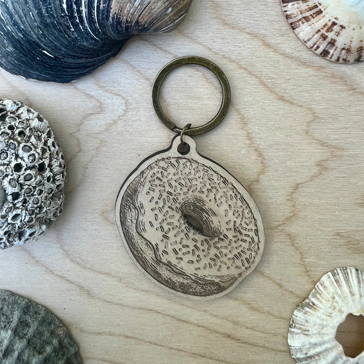 Doughnut etched wooden keyring