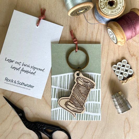 Cotton reel laser etched wooden keyring