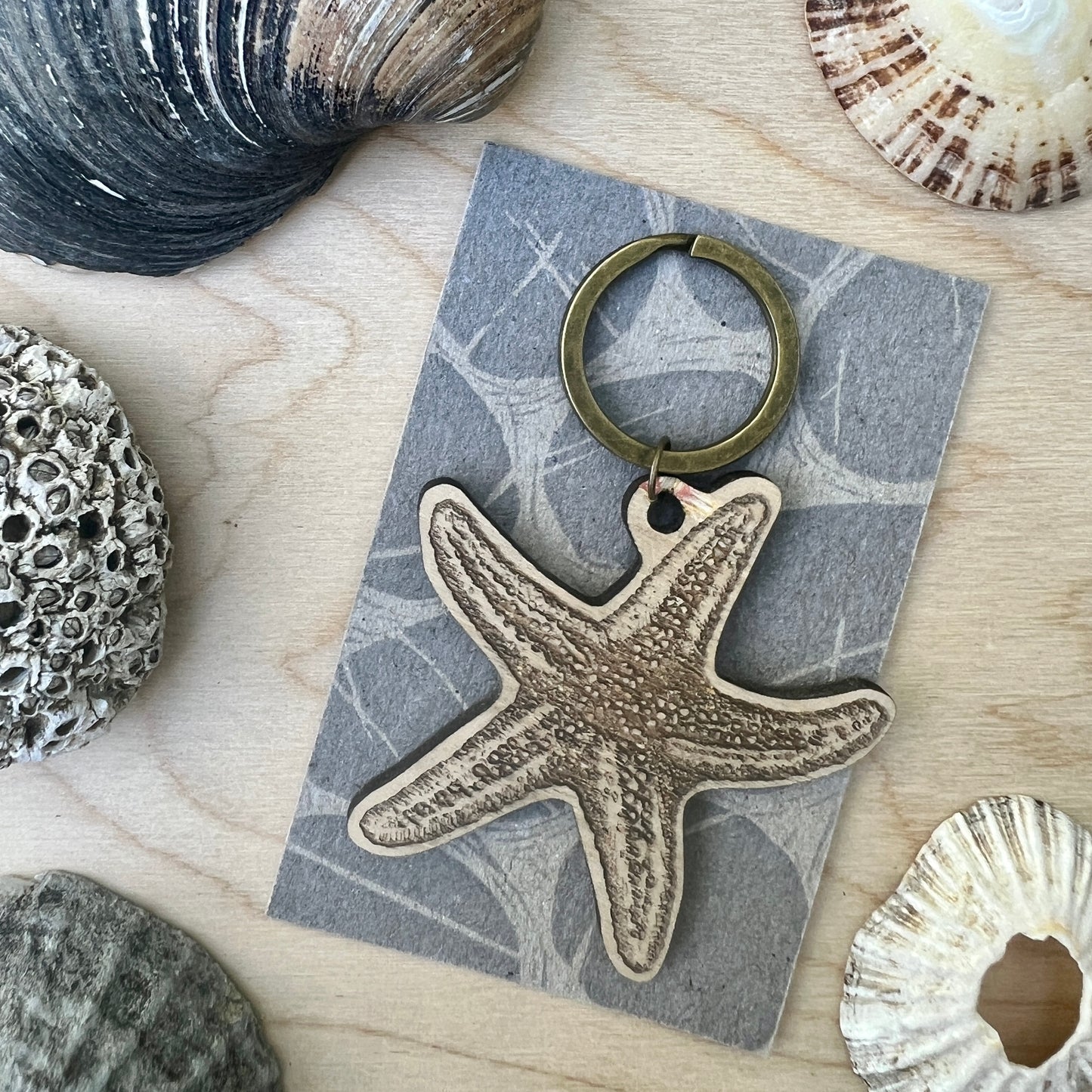 Starfish etched wooden keyring