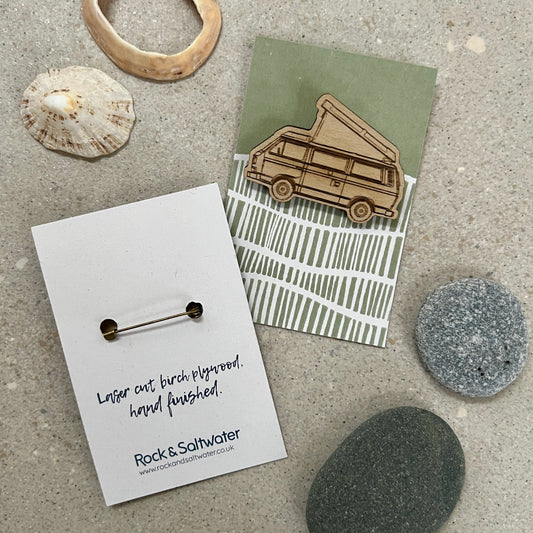 Camper van etched wooden brooch