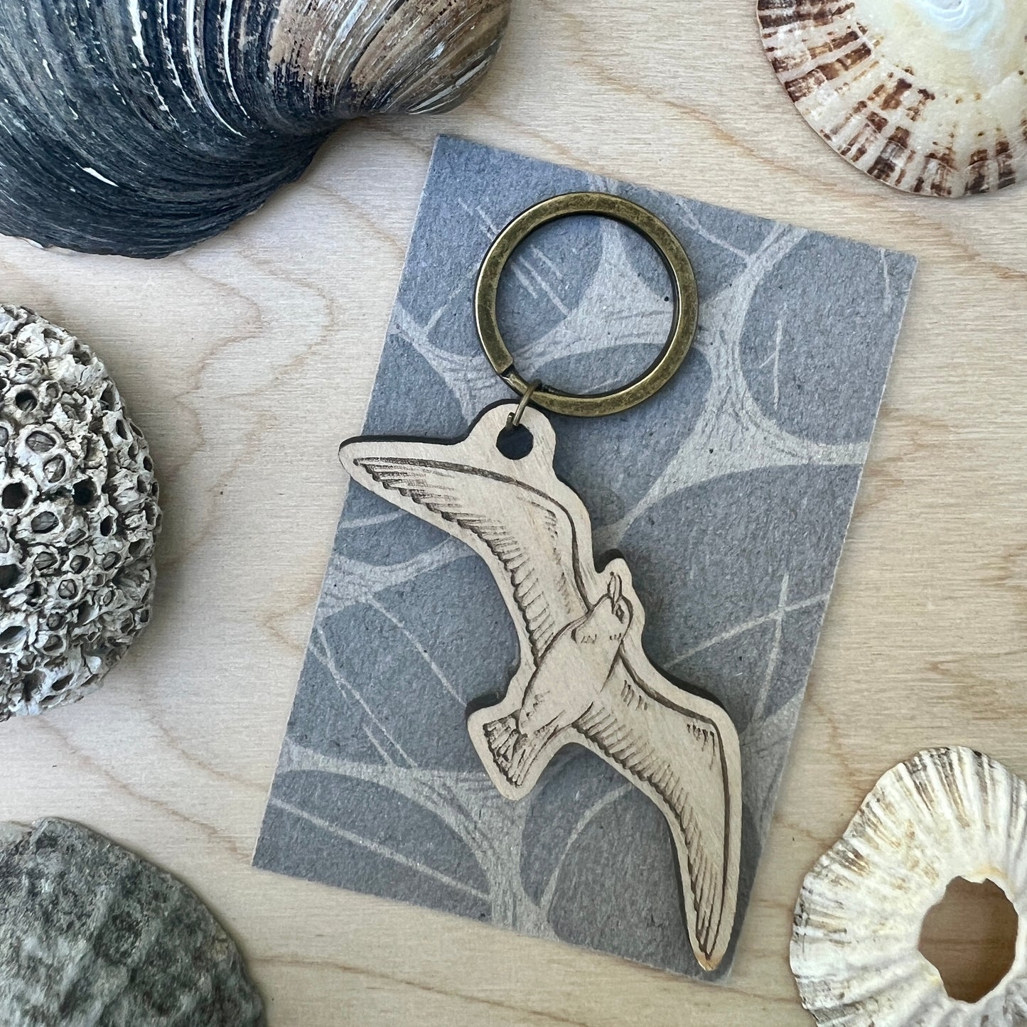 Seagull etched wooden keyring