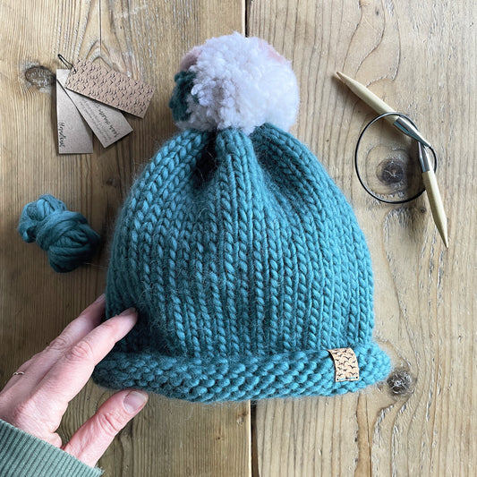 Bobble Hat | adult size | ocean teal | merino wool handknit hat
