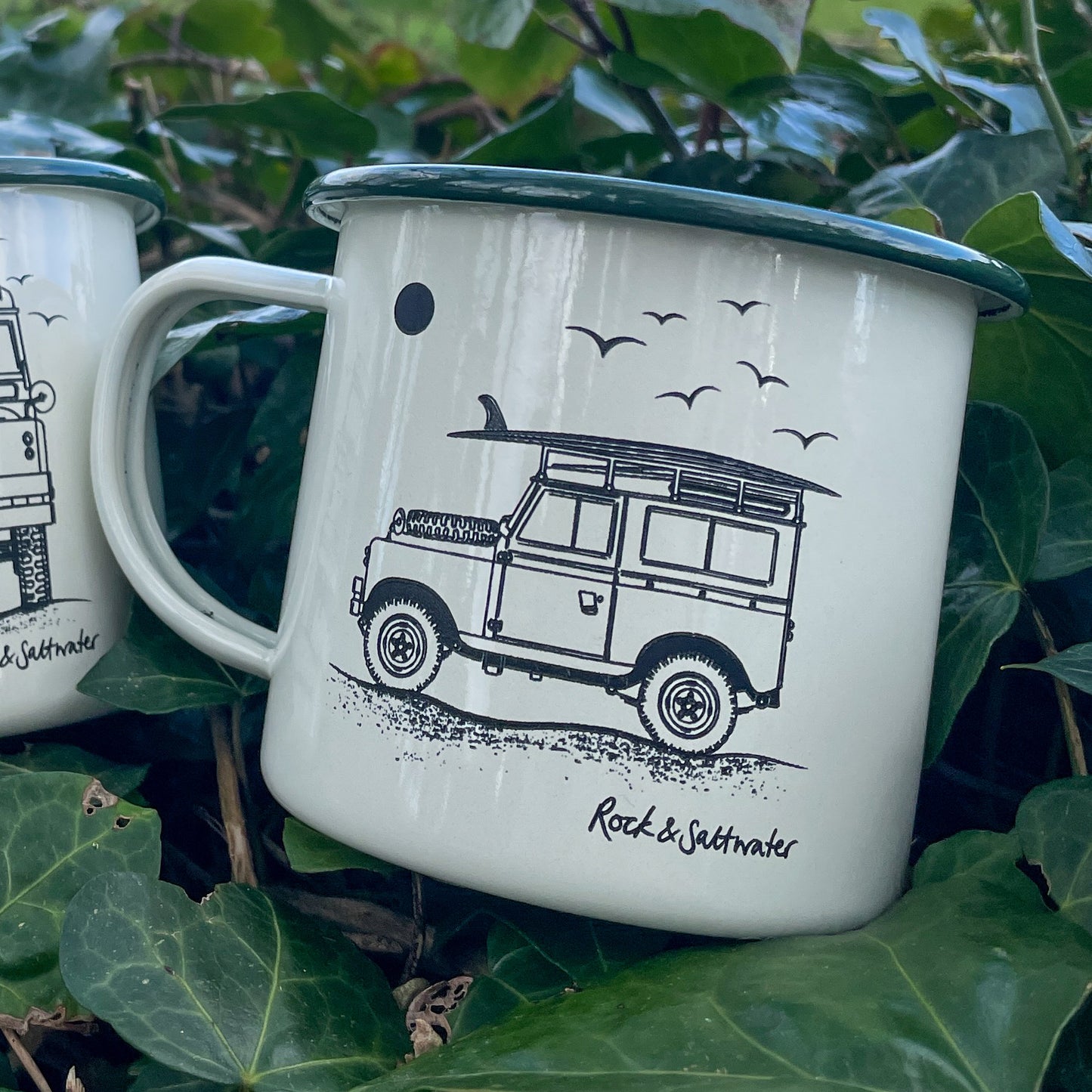 Set of 2 Land Rover with surfboard and beach scape enamel mugs