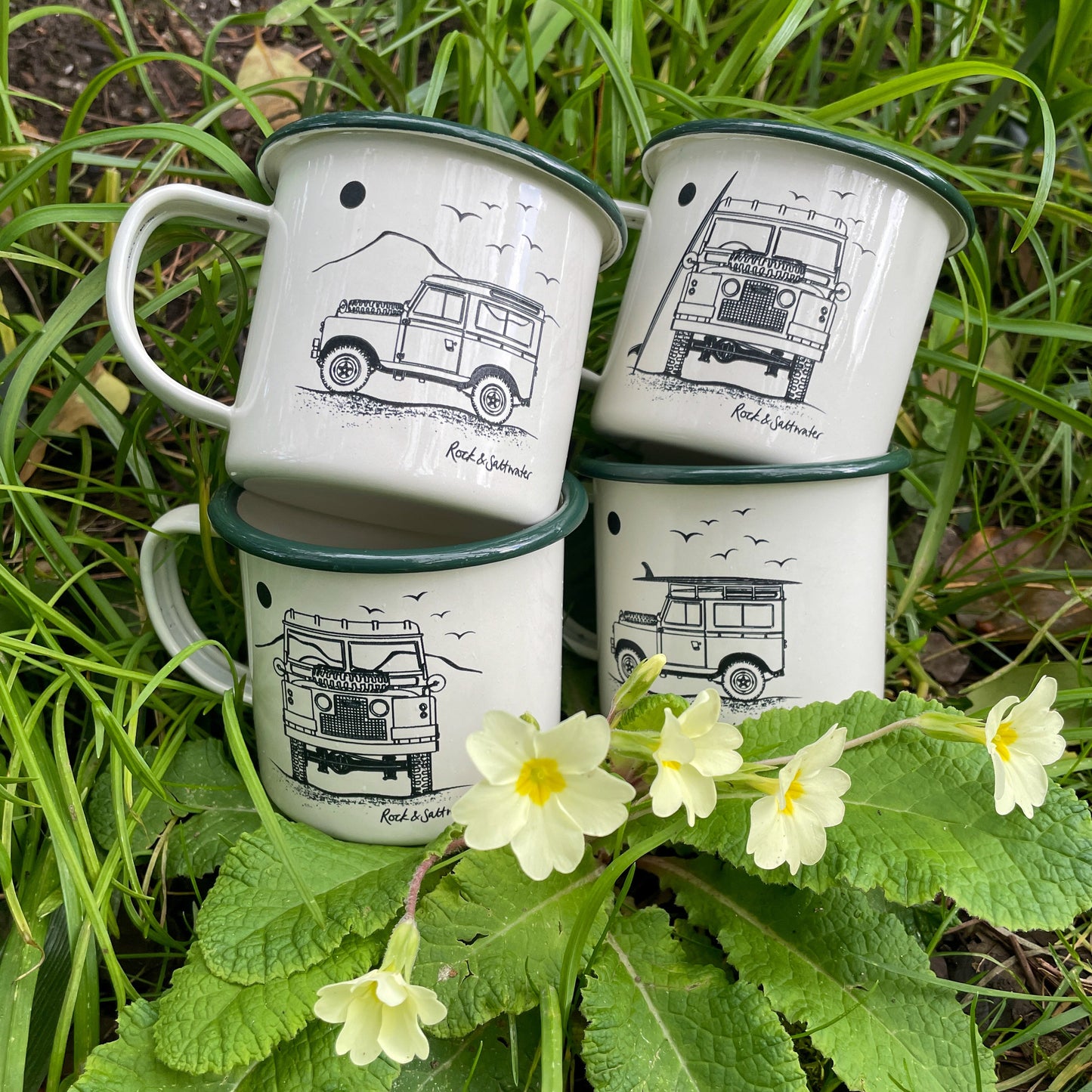 Slight seconds Land Rover enamel mugs