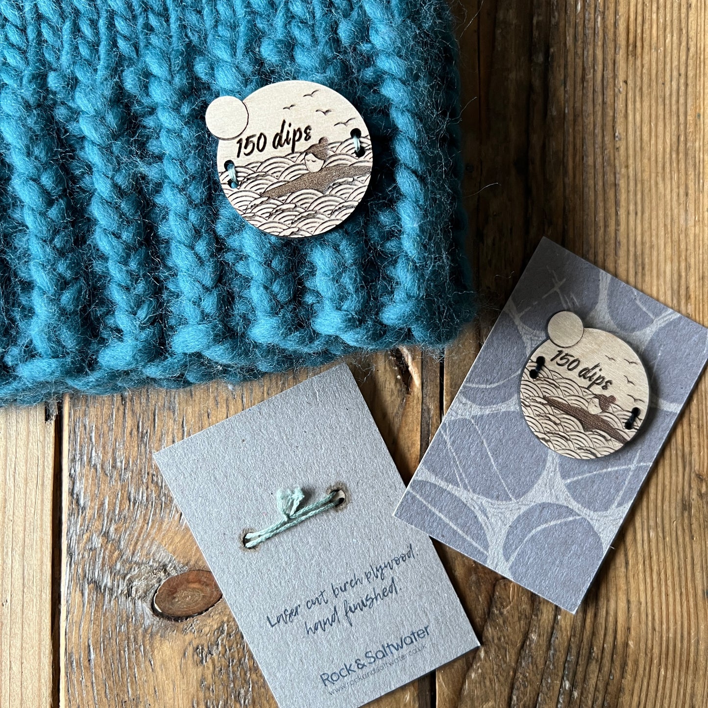 Wild swimming milestone sew-on wooden badges