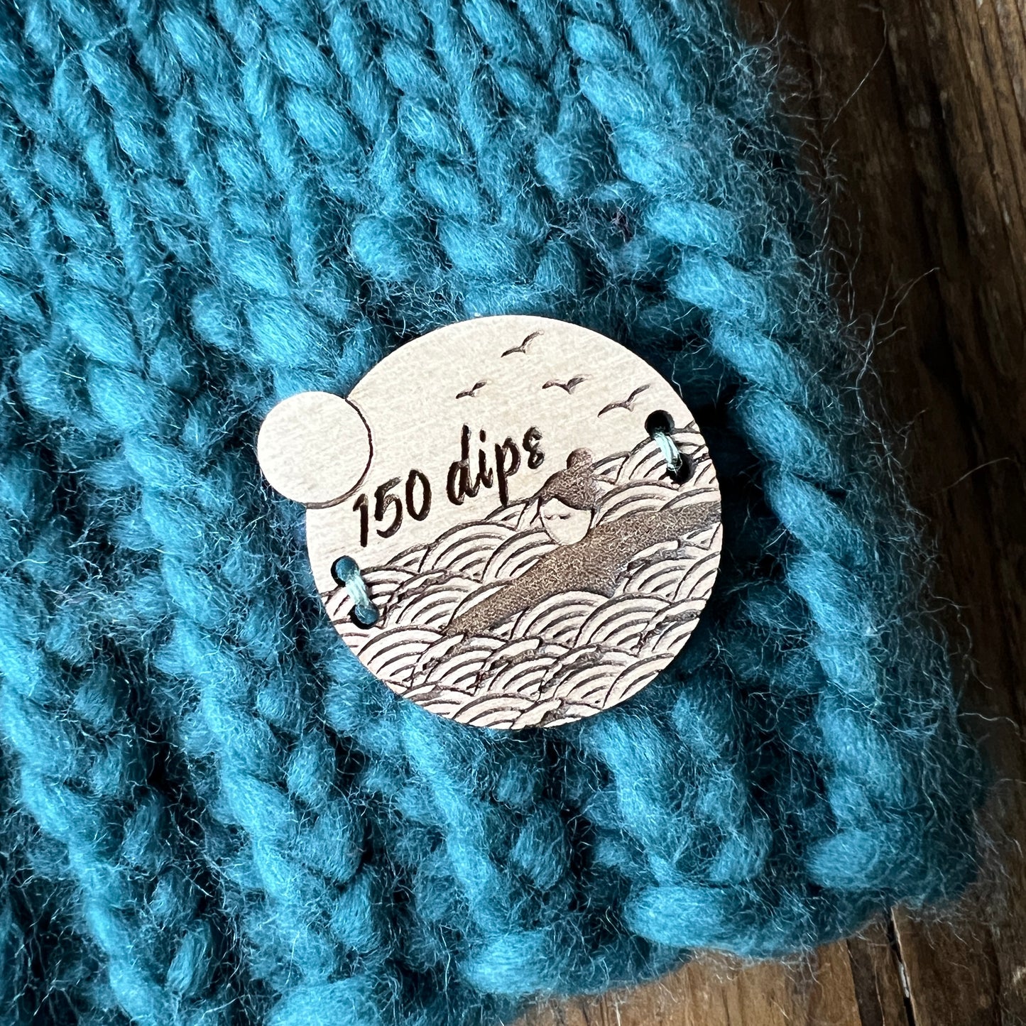 Wild swimming milestone sew-on wooden badges