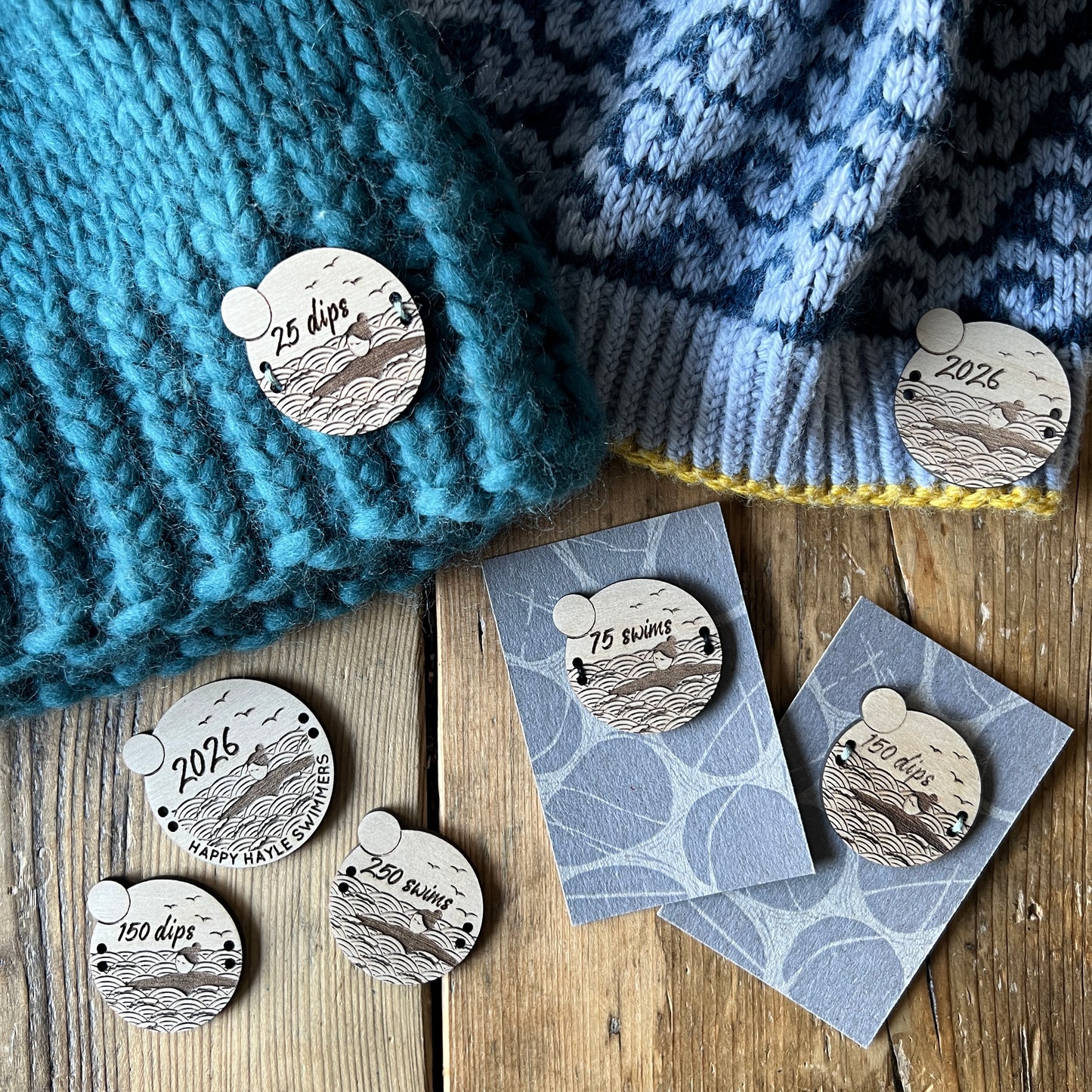 Wild swimming milestone sew-on wooden badges