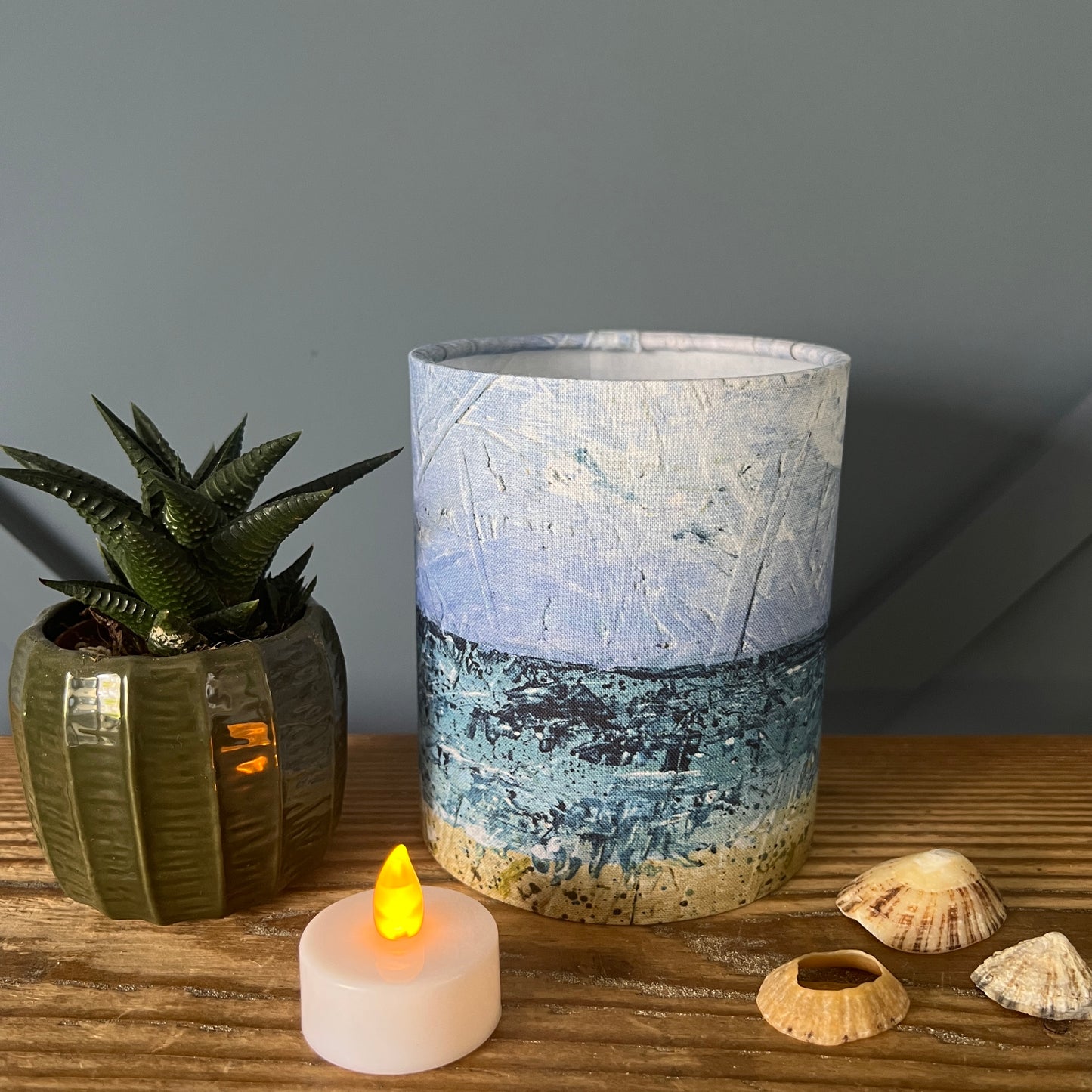 Cornish seascape fabric lantern |  handmade lampshade for fairy lights or battery operated tea light