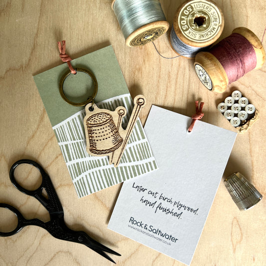 Thimble and pins laser etched wooden keyring