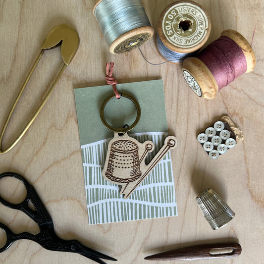 Thimble and pins laser etched wooden keyring