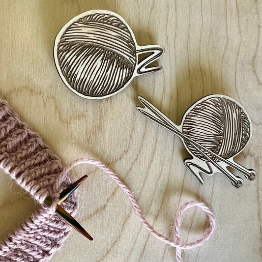Knitting laser etched wooden brooch